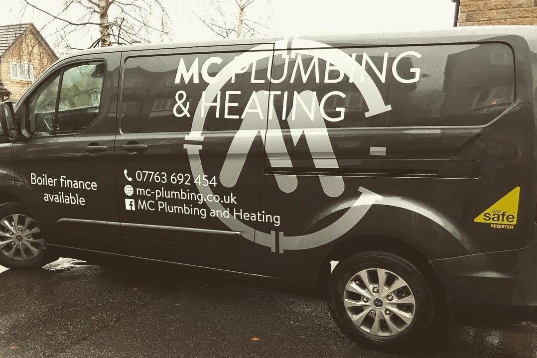 MC Plumbing and heating van sign written with company logo in Huddersfield, Scissett